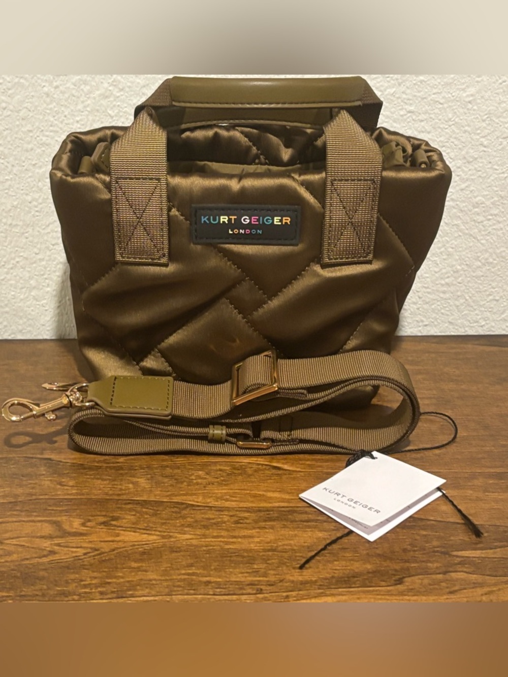 Kurt Geiger Olive Quilted Satin XS Tote with Adjustable Strap NWOT - Picture 4 of 6